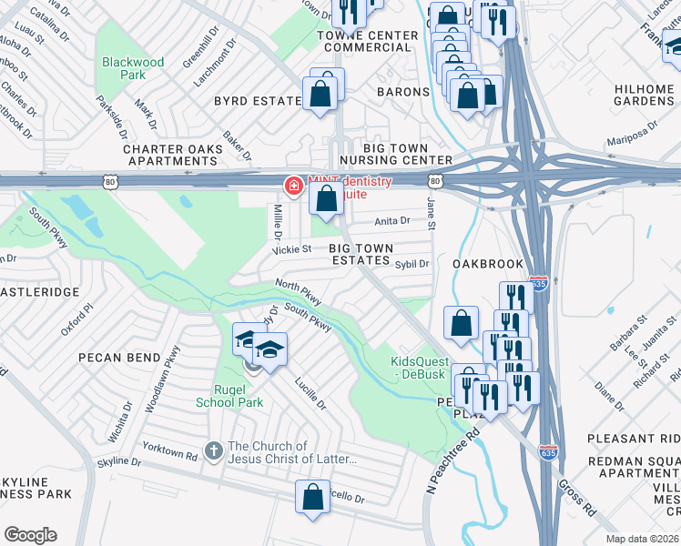 map of restaurants, bars, coffee shops, grocery stores, and more near 2430 Loyce Drive in Mesquite