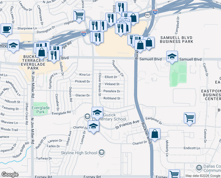 map of restaurants, bars, coffee shops, grocery stores, and more near 7135 Penshire Drive in Dallas