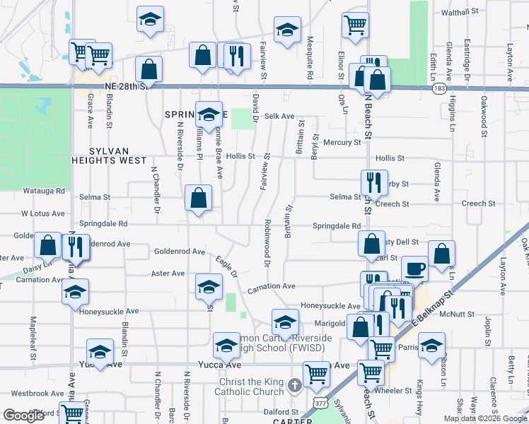 map of restaurants, bars, coffee shops, grocery stores, and more near 2004 Fairview Street in Fort Worth