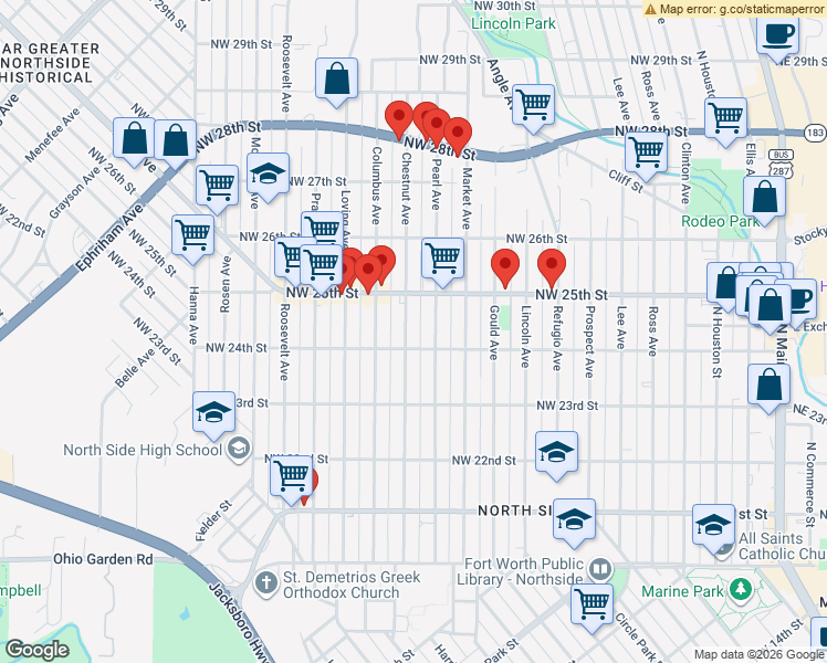 map of restaurants, bars, coffee shops, grocery stores, and more near 2404 Chestnut Avenue in Fort Worth