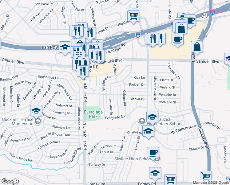 map of restaurants, bars, coffee shops, grocery stores, and more near 4303 Blackheath Road in Dallas