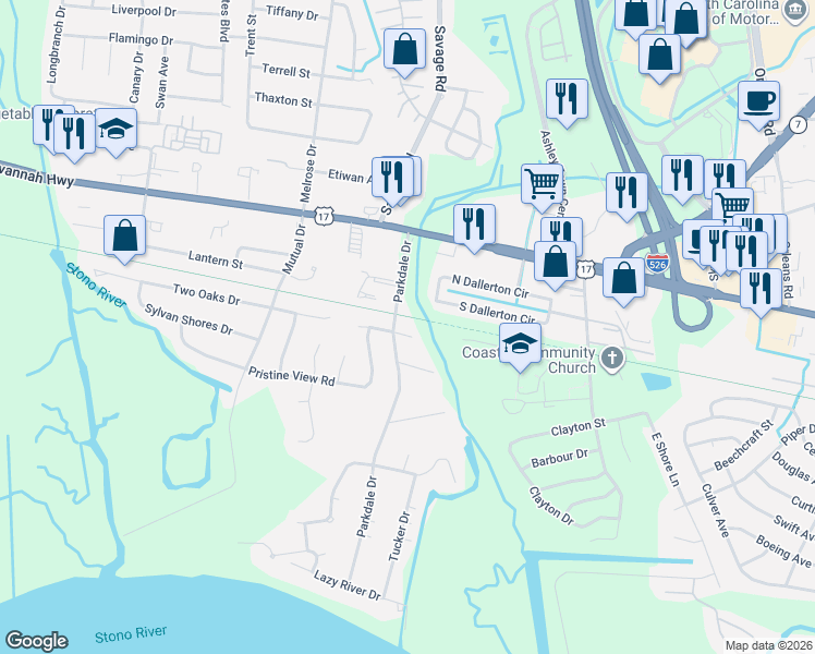map of restaurants, bars, coffee shops, grocery stores, and more near 478 Parkdale Drive in Charleston
