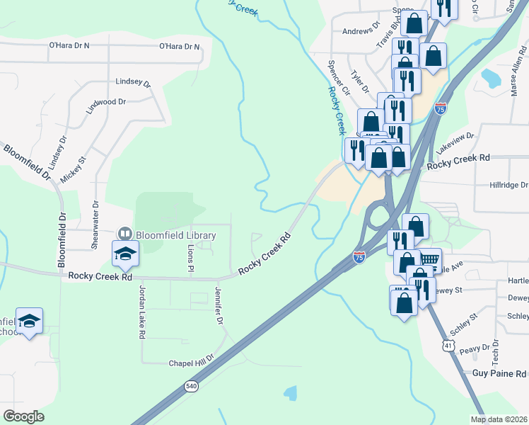 map of restaurants, bars, coffee shops, grocery stores, and more near 1703 Rocky Creek Road in Macon