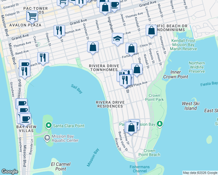map of restaurants, bars, coffee shops, grocery stores, and more near 3817 Riviera Drive in San Diego