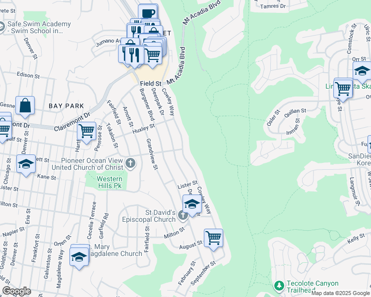 map of restaurants, bars, coffee shops, grocery stores, and more near 2585 Cowley Way in San Diego