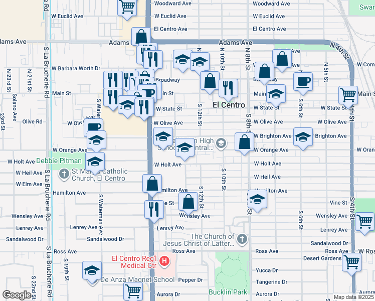 map of restaurants, bars, coffee shops, grocery stores, and more near 1001 West Brighton Avenue in El Centro