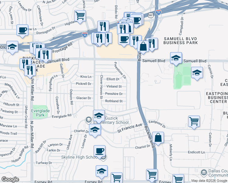 map of restaurants, bars, coffee shops, grocery stores, and more near 7135 Penshire Drive in Dallas
