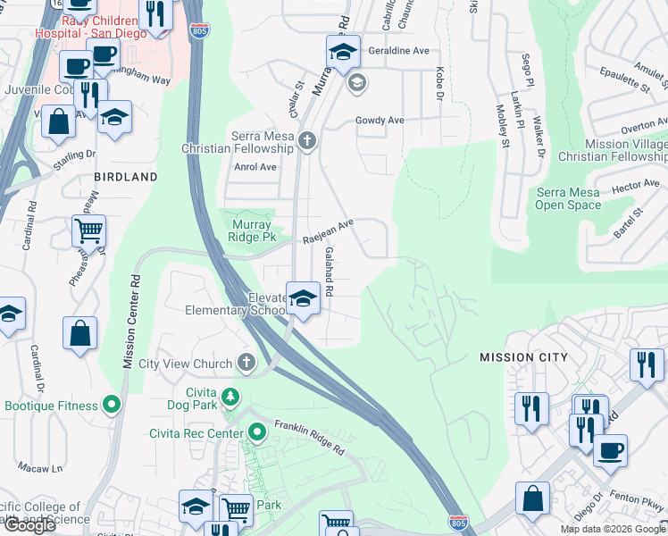 map of restaurants, bars, coffee shops, grocery stores, and more near 2415 Galahad Road in San Diego