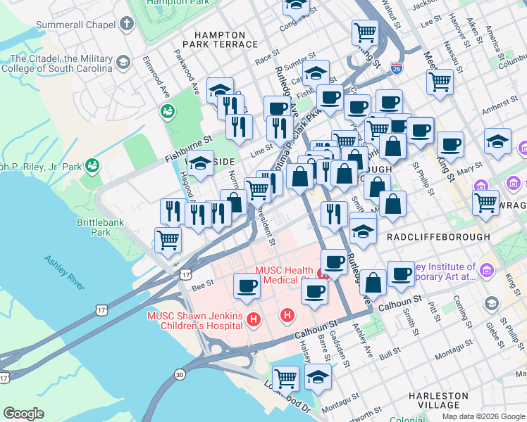 map of restaurants, bars, coffee shops, grocery stores, and more near 172 President Street in Charleston