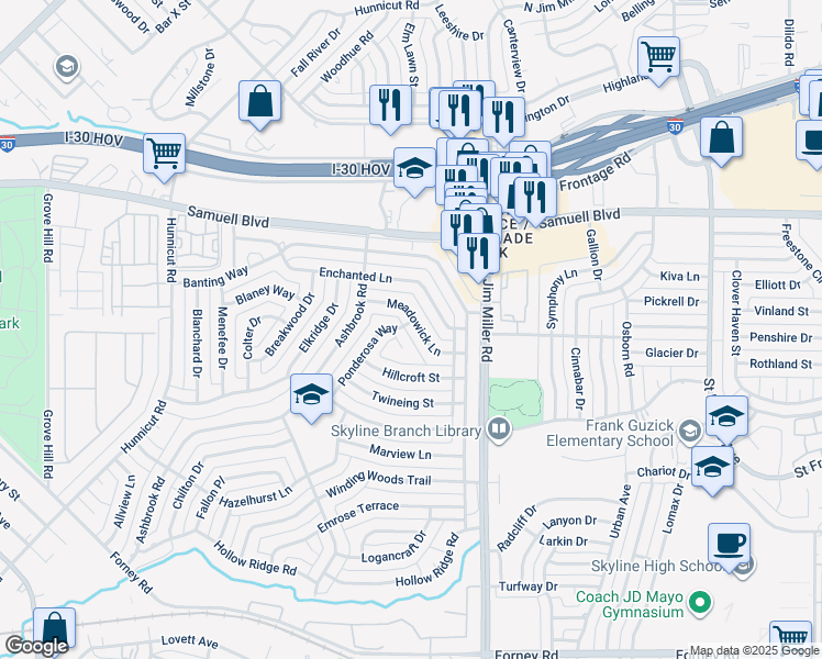 map of restaurants, bars, coffee shops, grocery stores, and more near 5290 Ponderosa Circle in Dallas