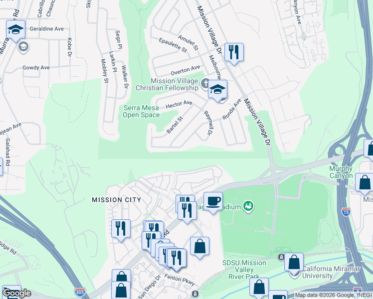 map of restaurants, bars, coffee shops, grocery stores, and more near 9141 Ronda Avenue in San Diego