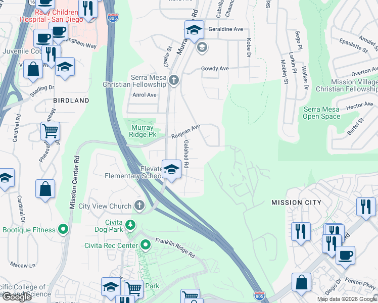 map of restaurants, bars, coffee shops, grocery stores, and more near 2415 Galahad Road in San Diego