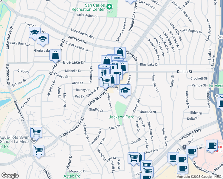 map of restaurants, bars, coffee shops, grocery stores, and more near 8257 El Paso Street in La Mesa
