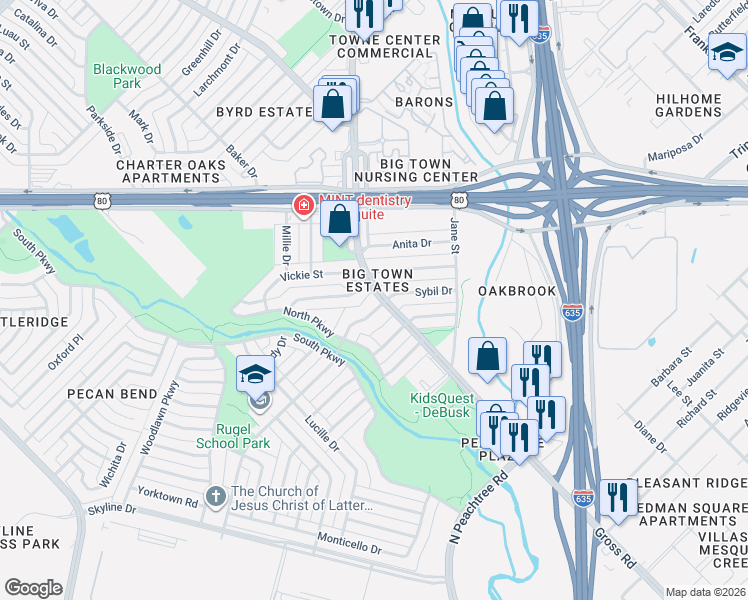 map of restaurants, bars, coffee shops, grocery stores, and more near 2405 Sybil Drive in Mesquite