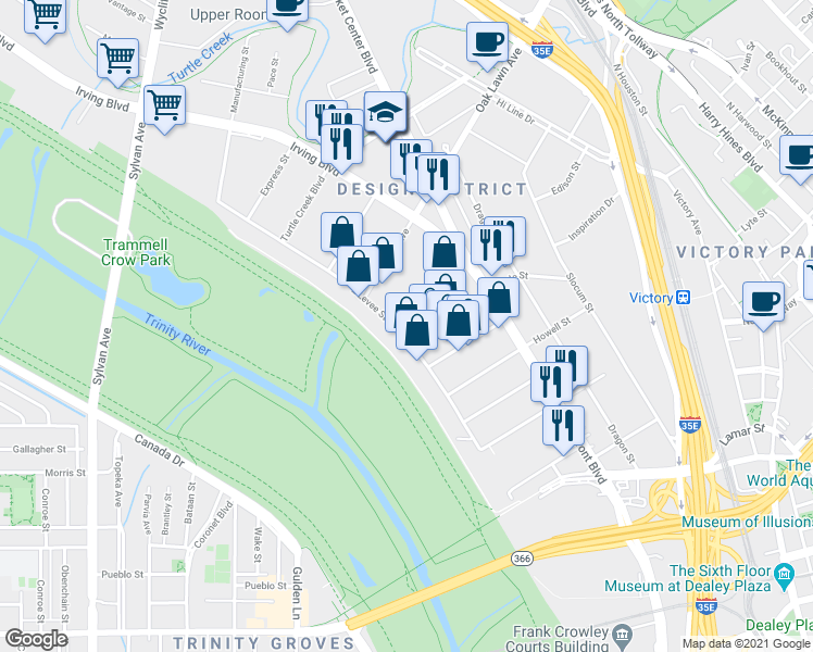 map of restaurants, bars, coffee shops, grocery stores, and more near 1400 East Levee Street in Dallas