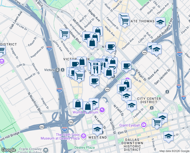 map of restaurants, bars, coffee shops, grocery stores, and more near 2324 North Field Street in Dallas
