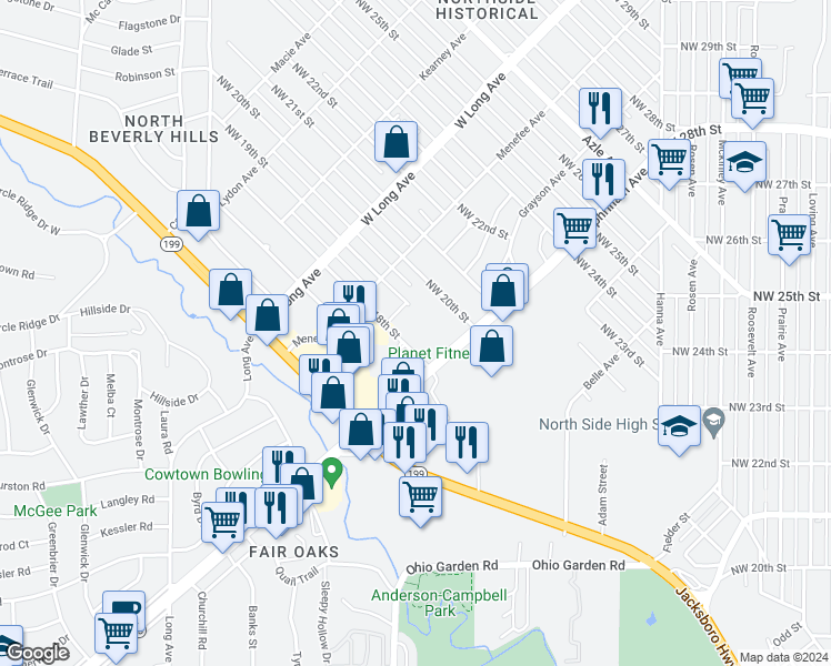 map of restaurants, bars, coffee shops, grocery stores, and more near 2416 Northwest 18th Street in Fort Worth
