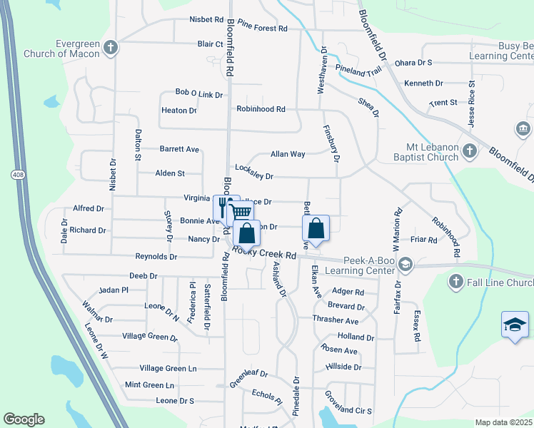 map of restaurants, bars, coffee shops, grocery stores, and more near 2521 Anderson Drive in Macon