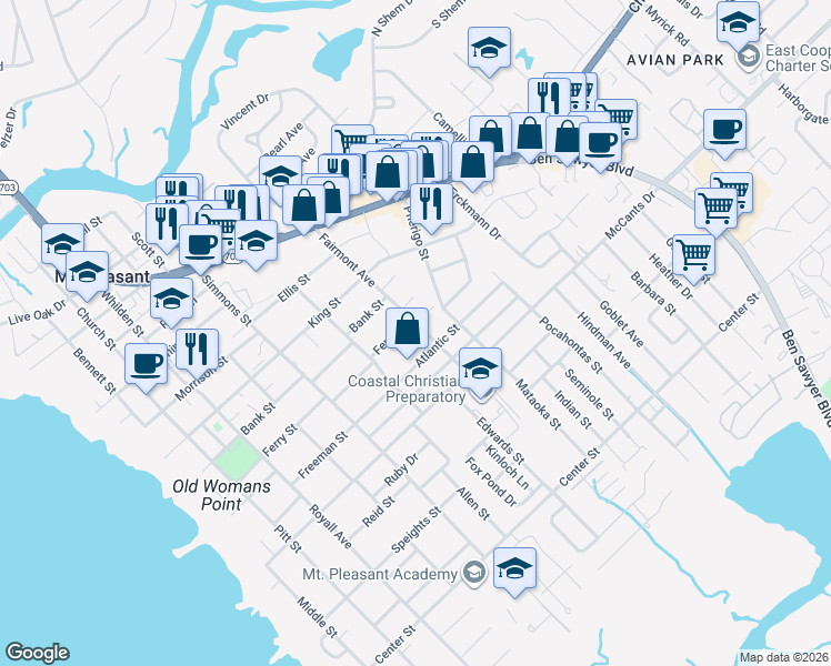 map of restaurants, bars, coffee shops, grocery stores, and more near 1357 Fairmont Avenue in Mount Pleasant
