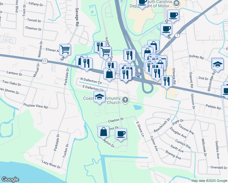 map of restaurants, bars, coffee shops, grocery stores, and more near 513 Arlington Drive in Charleston