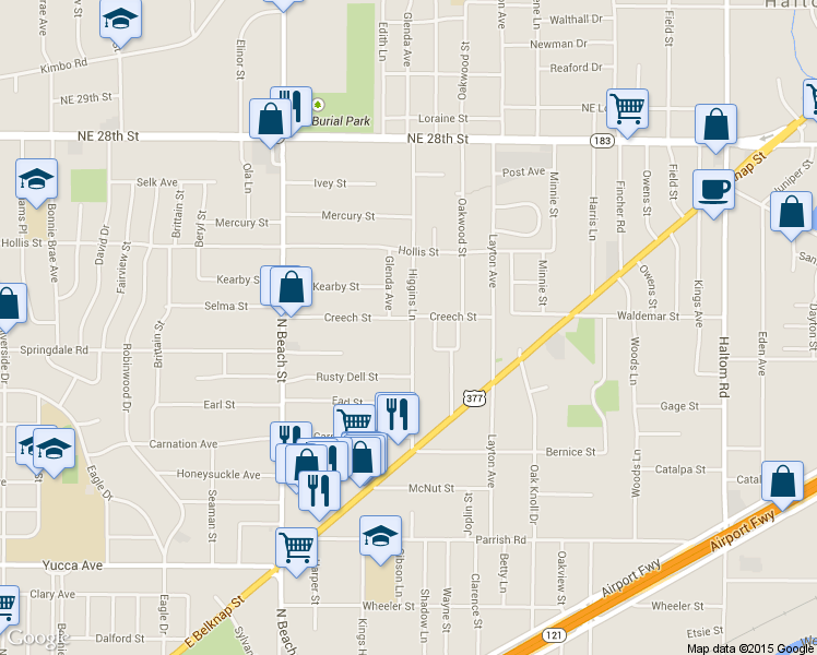 map of restaurants, bars, coffee shops, grocery stores, and more near 1923 Higgins Ln in Haltom City