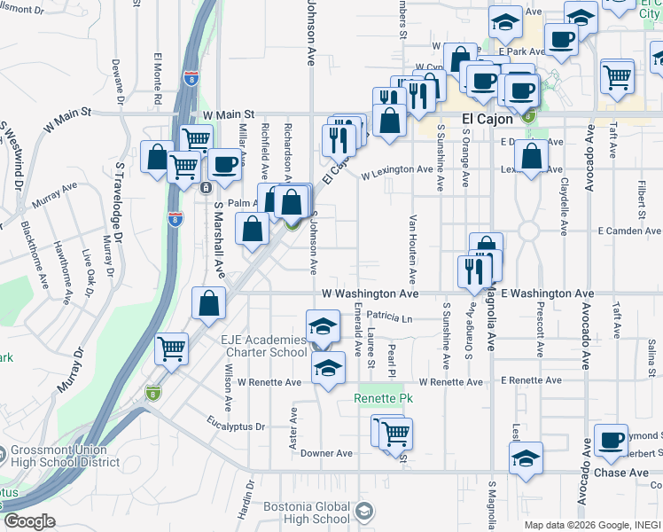 map of restaurants, bars, coffee shops, grocery stores, and more near 633 South Johnson Avenue in El Cajon