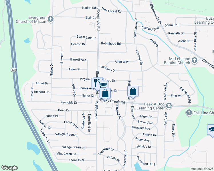 map of restaurants, bars, coffee shops, grocery stores, and more near 2521 Anderson Drive in Macon