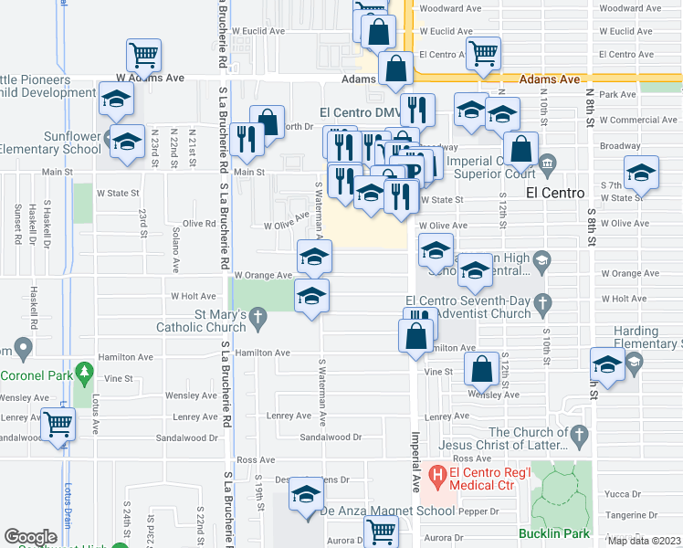 map of restaurants, bars, coffee shops, grocery stores, and more near 1568 West Orange Avenue in El Centro