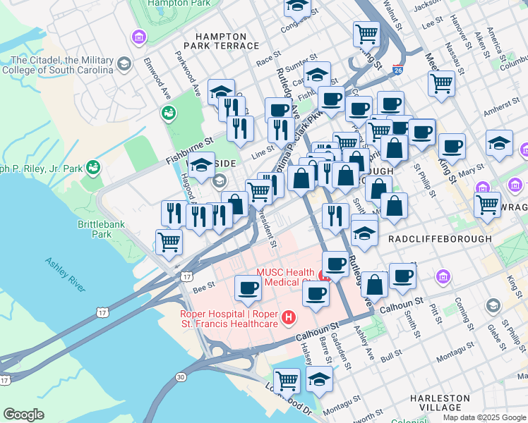 map of restaurants, bars, coffee shops, grocery stores, and more near 194 Spring Street in Charleston