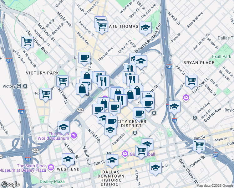 map of restaurants, bars, coffee shops, grocery stores, and more near 1801 North Pearl Street in Dallas