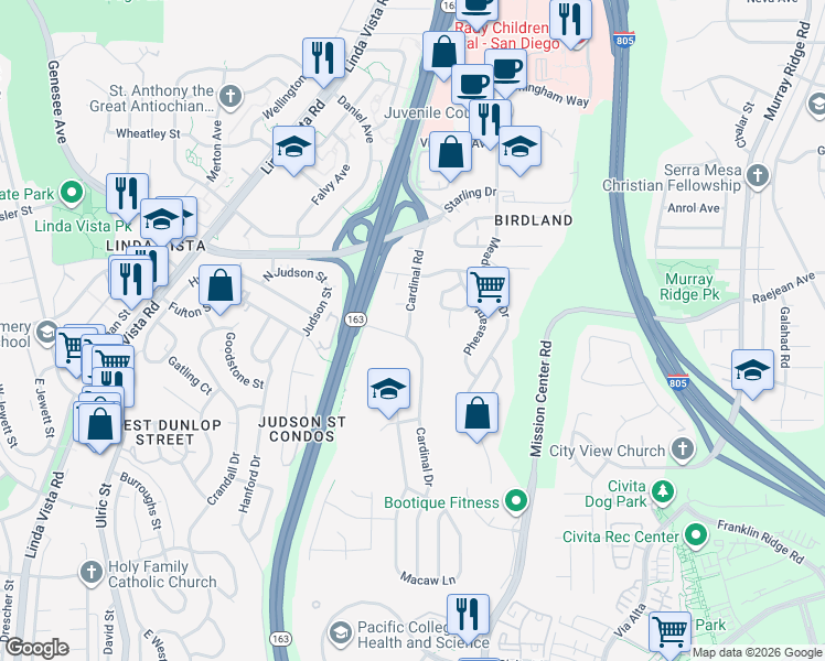 map of restaurants, bars, coffee shops, grocery stores, and more near 2395 Cardinal Drive in San Diego