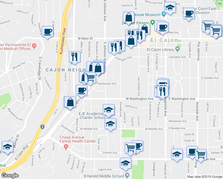map of restaurants, bars, coffee shops, grocery stores, and more near 633 South Johnson Avenue in El Cajon