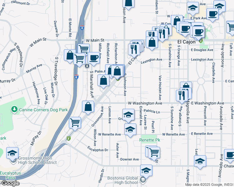 map of restaurants, bars, coffee shops, grocery stores, and more near 711 Franklin Avenue in El Cajon