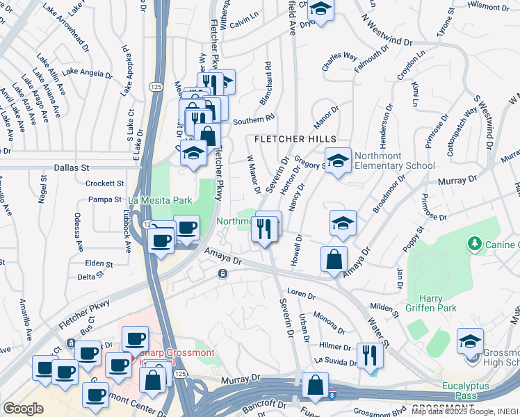 map of restaurants, bars, coffee shops, grocery stores, and more near 6030 Severin Drive in La Mesa