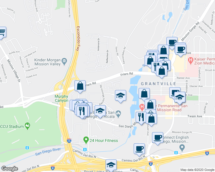 map of restaurants, bars, coffee shops, grocery stores, and more near 6341 Rancho Mission Road in San Diego