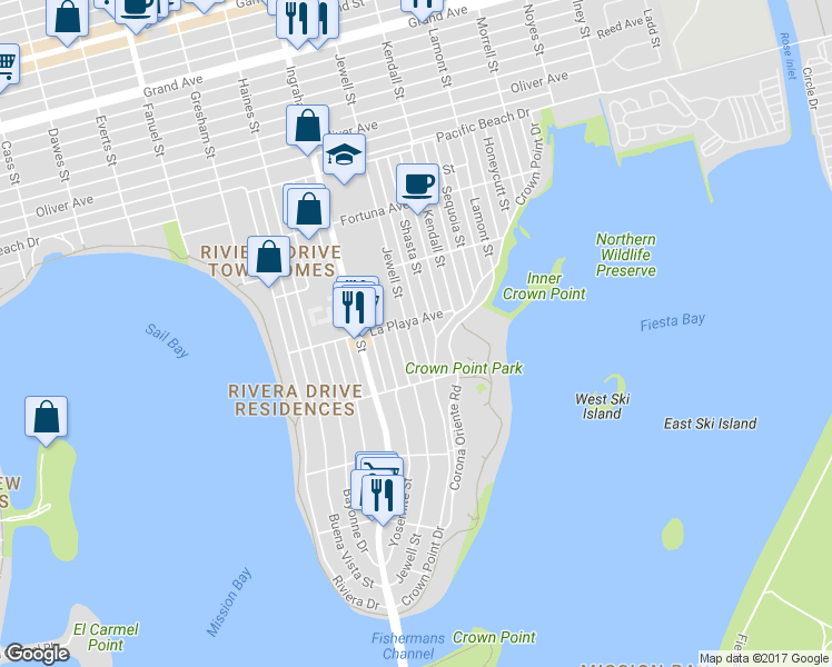 map of restaurants, bars, coffee shops, grocery stores, and more near 3722 Crown Point Drive in San Diego