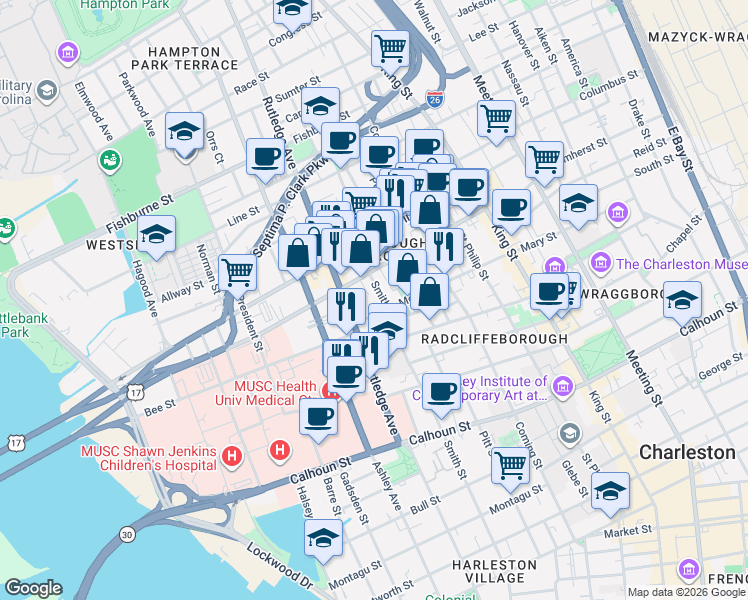 map of restaurants, bars, coffee shops, grocery stores, and more near 92 Morris Street in Charleston