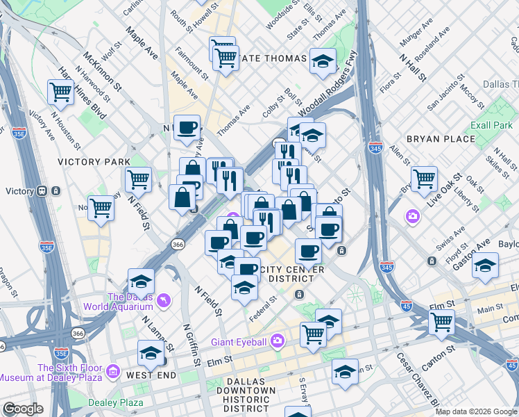 map of restaurants, bars, coffee shops, grocery stores, and more near in Dallas