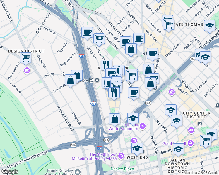 map of restaurants, bars, coffee shops, grocery stores, and more near 3090 Olive Street in Dallas