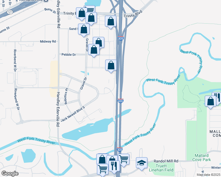 map of restaurants, bars, coffee shops, grocery stores, and more near 2136 East Loop 820 North in Fort Worth