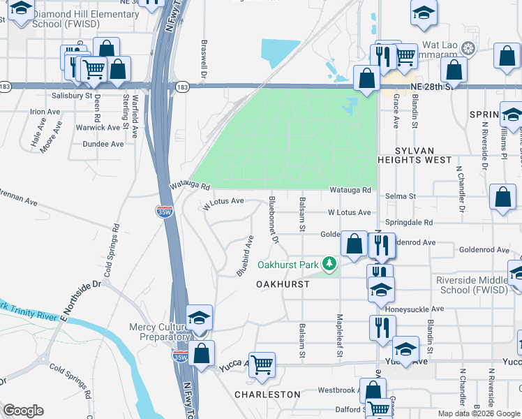 map of restaurants, bars, coffee shops, grocery stores, and more near 1913 Bluebonnet Drive in Fort Worth