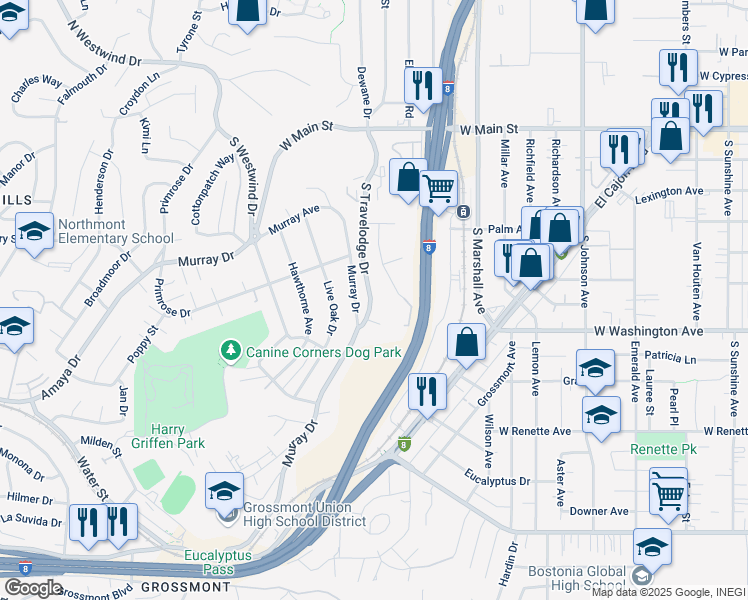 map of restaurants, bars, coffee shops, grocery stores, and more near 641 Murray Drive in El Cajon