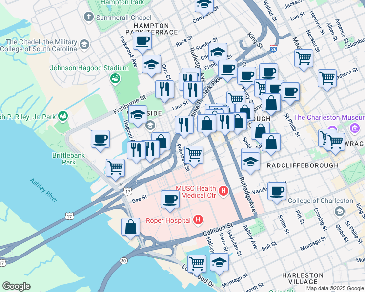 map of restaurants, bars, coffee shops, grocery stores, and more near 170 Spring Street in Charleston