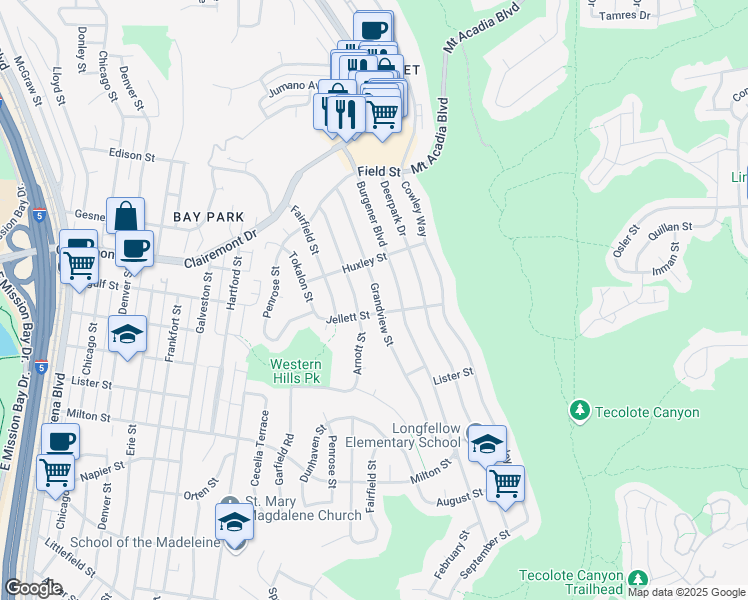 map of restaurants, bars, coffee shops, grocery stores, and more near 2620 Grandview Street in San Diego