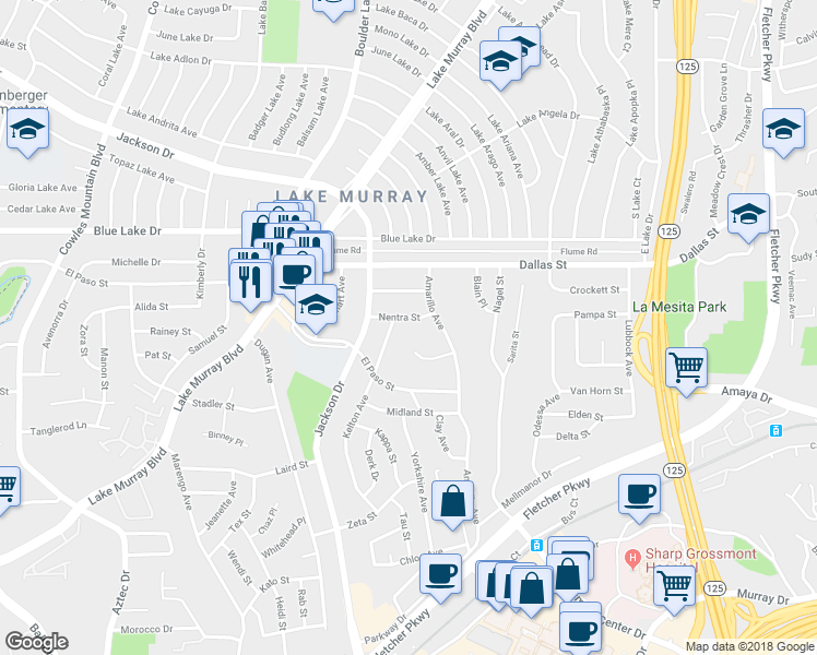 map of restaurants, bars, coffee shops, grocery stores, and more near 8455 Nentra Street in La Mesa