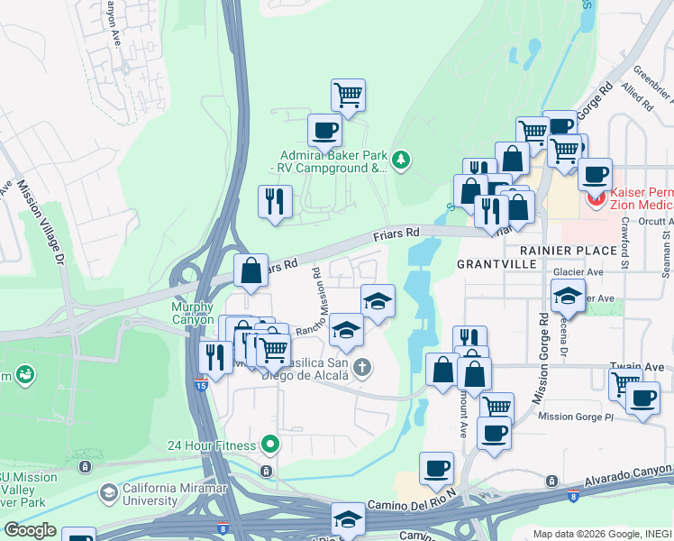 map of restaurants, bars, coffee shops, grocery stores, and more near 6341 Rancho Mission Road in San Diego