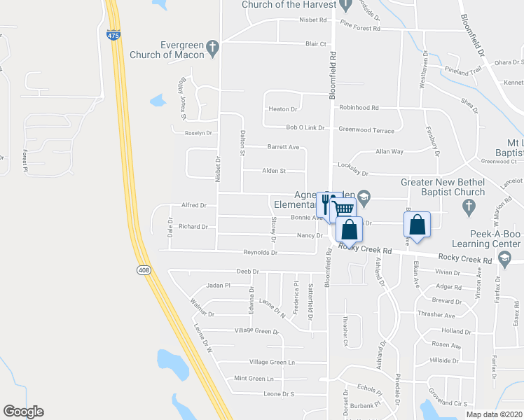 map of restaurants, bars, coffee shops, grocery stores, and more near 2763 Bonnie Avenue in Macon