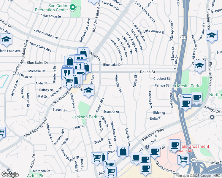 map of restaurants, bars, coffee shops, grocery stores, and more near 8455 Nentra Street in La Mesa