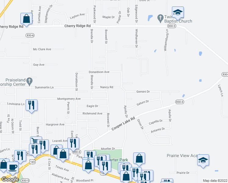 map of restaurants, bars, coffee shops, grocery stores, and more near 10280 Boswell Street in Bastrop
