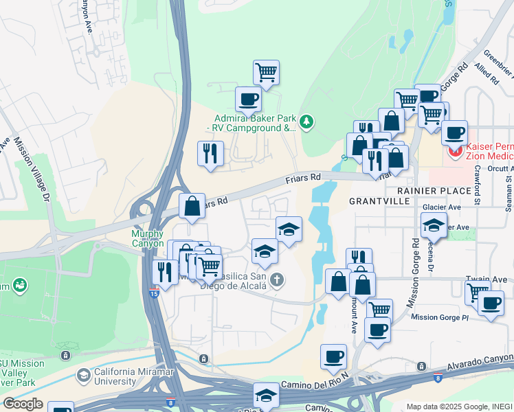 map of restaurants, bars, coffee shops, grocery stores, and more near 6363 Rancho Mission Road in San Diego